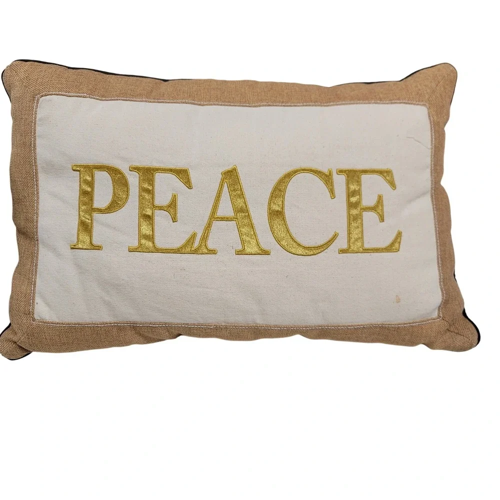 Set/2 Peace Embroidered Throw Pillow Burlap Decorative Accent Cushion‎ Farmhouse